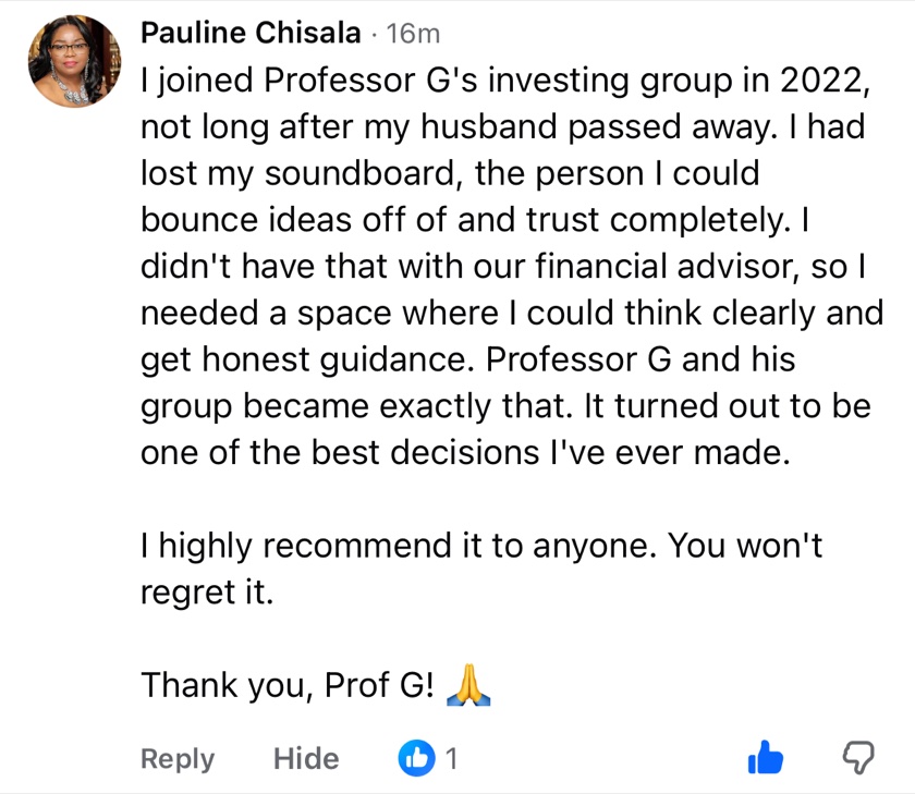 Facebook comment from Pauline, a member of the investing group